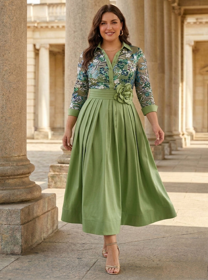 A-Line/Princess Shirt Collar Satin Plus Size Mother of the Bride Dresses Tea-Length Lace Sequins 3/4 Sleeves Floral 3D Flower
