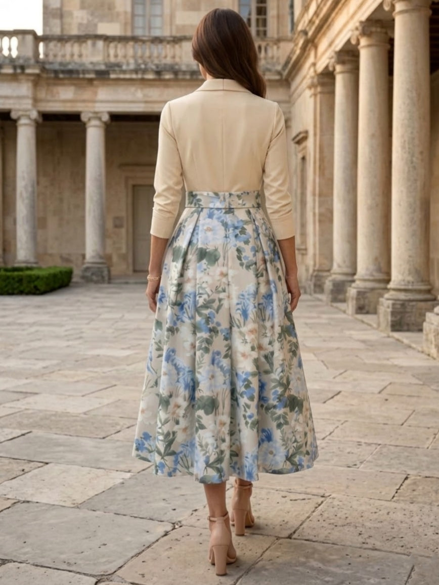 A-Line/Princess V-Neck Mother of the Bride Dresses Printed Satin 3/4 Sleeves Floral Tea-Length