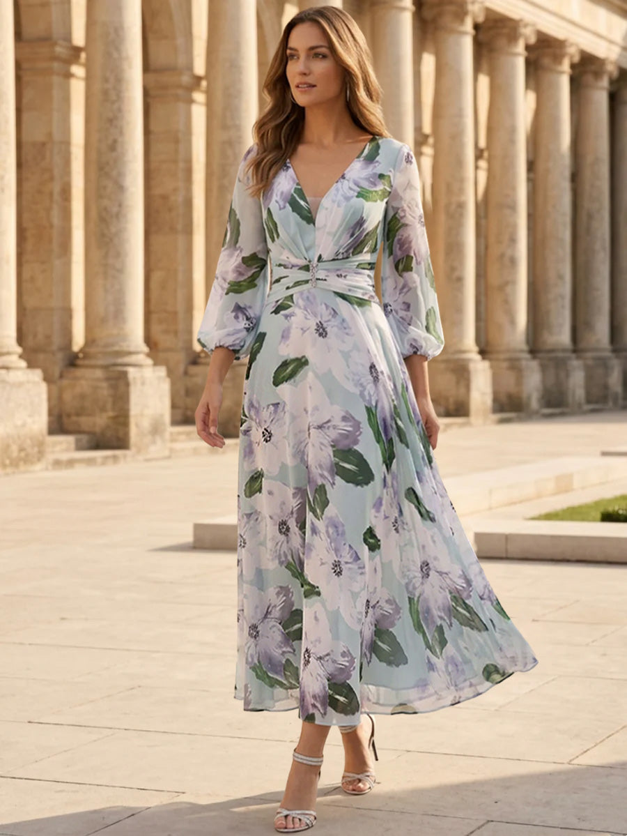 A-Line/Princess V-Neck Chiffon Mother of the Bride Dresses 3/4 Sleeves Floral Tea-Length Ruched