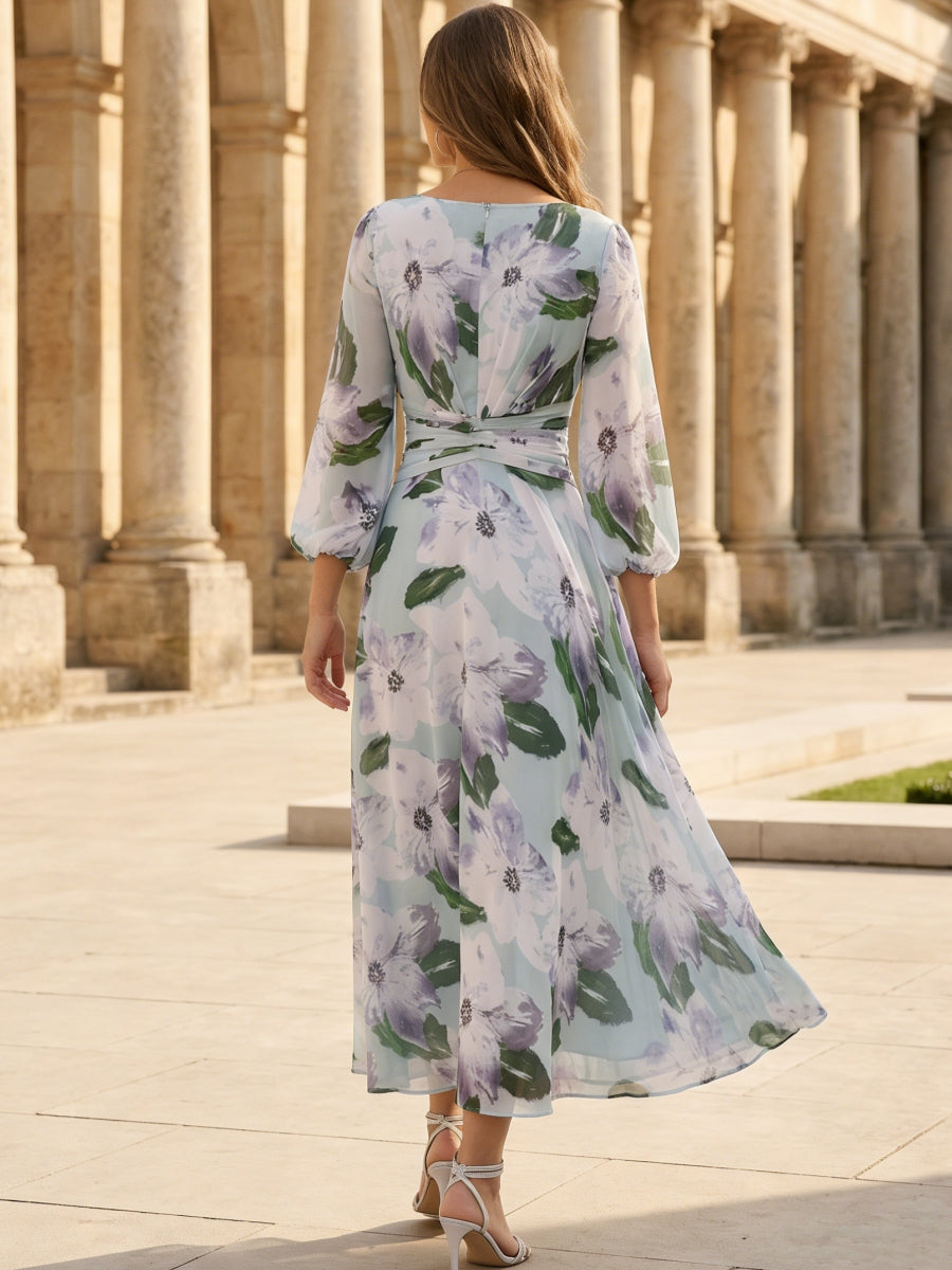 A-Line/Princess V-Neck Chiffon Mother of the Bride Dresses 3/4 Sleeves Floral Tea-Length Ruched