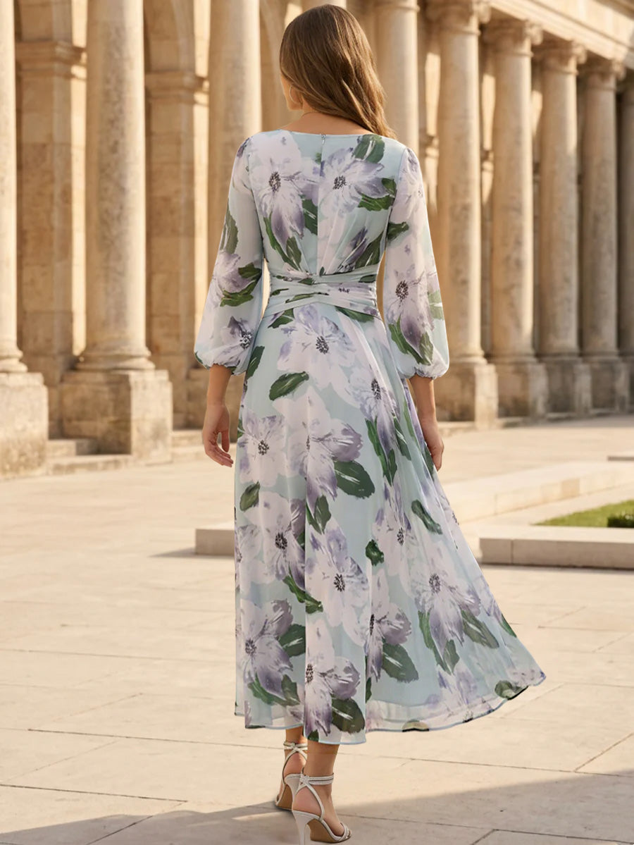 A-Line/Princess V-Neck Chiffon Mother of the Bride Dresses 3/4 Sleeves Floral Tea-Length Ruched