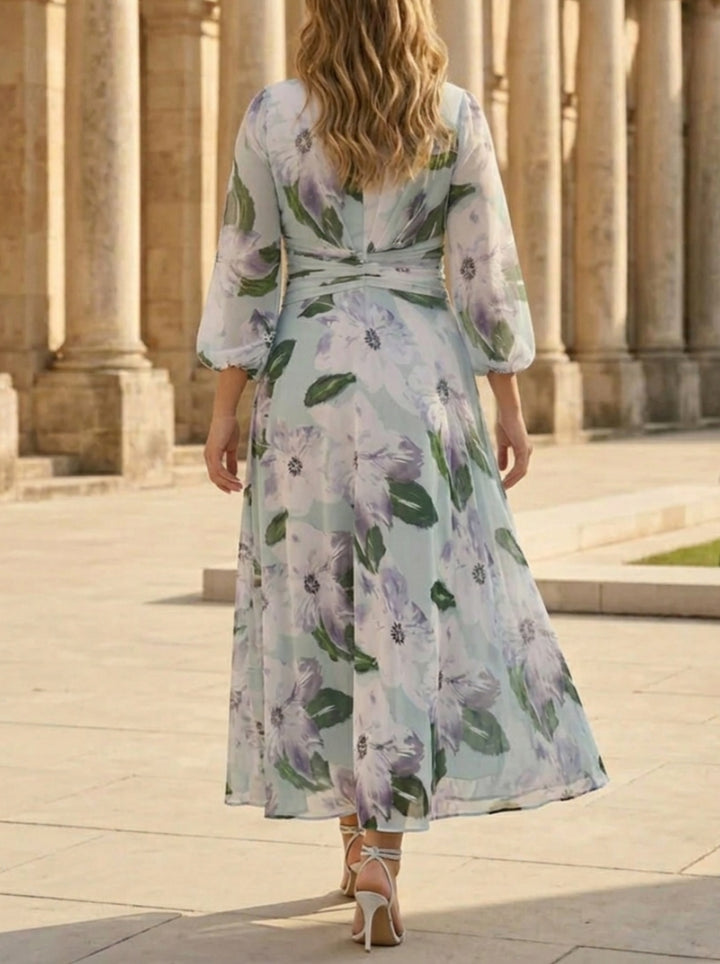 A-Line/Princess V-Neck Chiffon Plus Size Mother of the Bride Dresses 3/4 Sleeves Floral Tea-Length Ruched