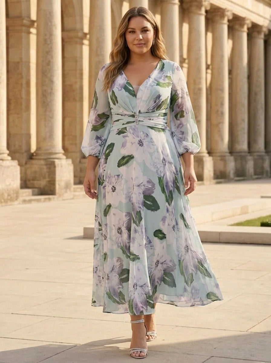 A-Line/Princess V-Neck Chiffon Plus Size Mother of the Bride Dresses 3/4 Sleeves Floral Tea-Length Ruched