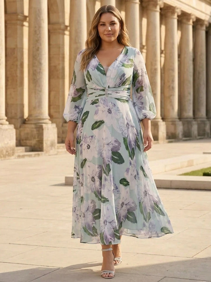 A-Line/Princess V-Neck Chiffon Plus Size Mother of the Bride Dresses 3/4 Sleeves Floral Tea-Length Ruched