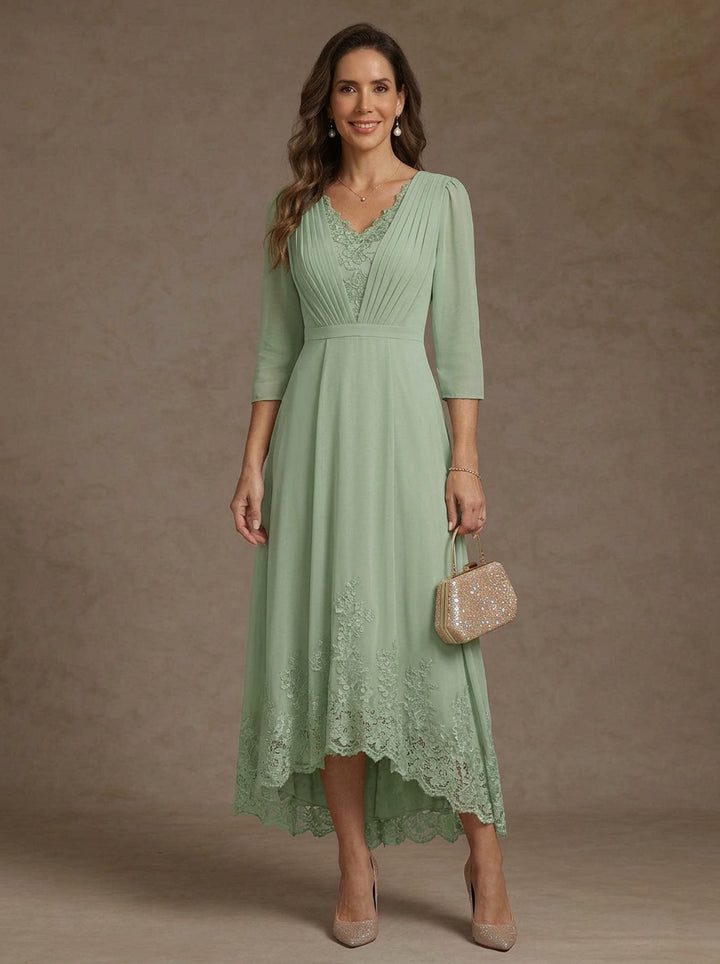 A-Line/Princess V-Neck Chiffon Mother of the Bride Dresses Asymmetrical Tea-Length Lace 3/4 Sleeves