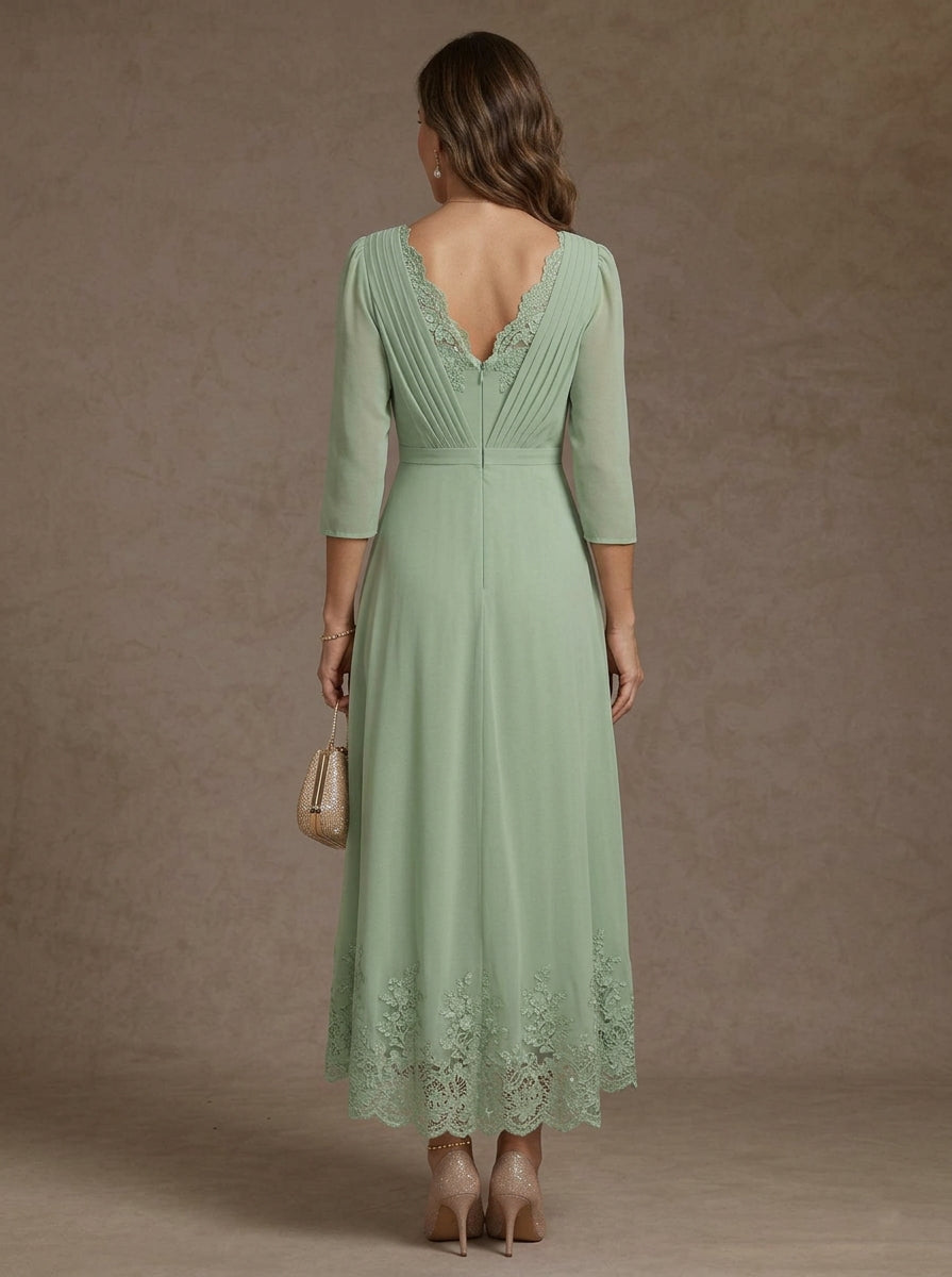 A-Line/Princess V-Neck Chiffon Mother of the Bride Dresses Asymmetrical Tea-Length Lace 3/4 Sleeves