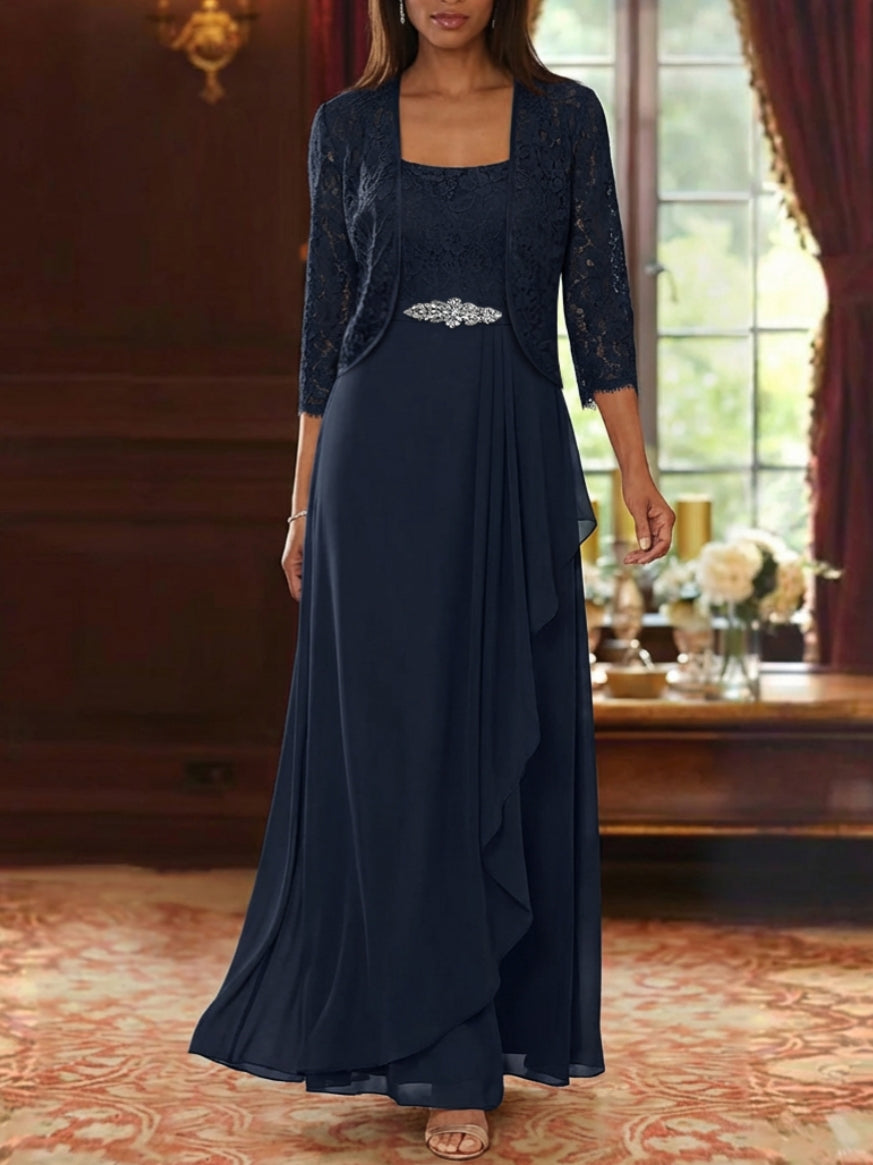 A-Line/Princess Square Collar Chiffon Mother of the Bride Dresses with Jacket Lace Ankle-Length 3/4 Sleeves