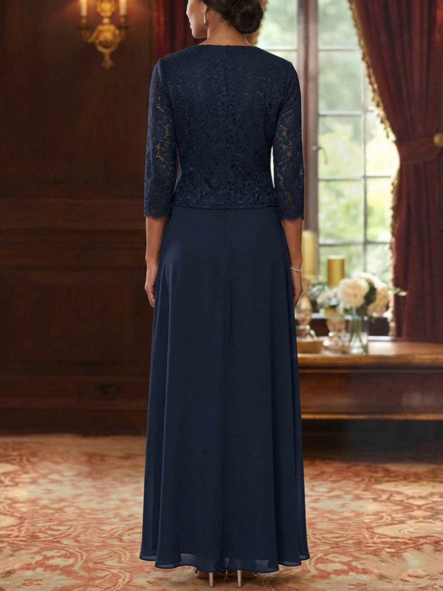A-Line/Princess Square Collar Chiffon Mother of the Bride Dresses with Jacket Lace Ankle-Length 3/4 Sleeves