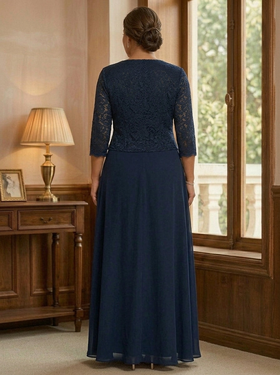 A-Line/Princess Square Collar Chiffon Plus Size Mother of the Bride Dresses with Jacket Lace Ankle-Length 3/4 Sleeves
