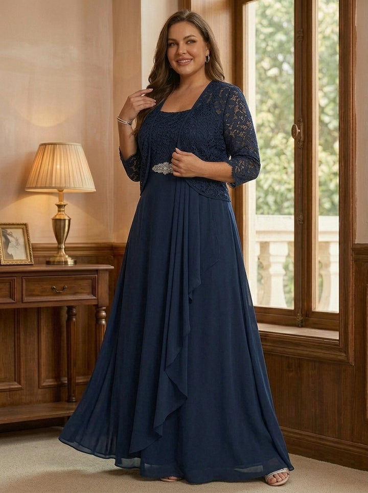 A-Line/Princess Square Collar Chiffon Plus Size Mother of the Bride Dresses with Jacket Lace Ankle-Length 3/4 Sleeves