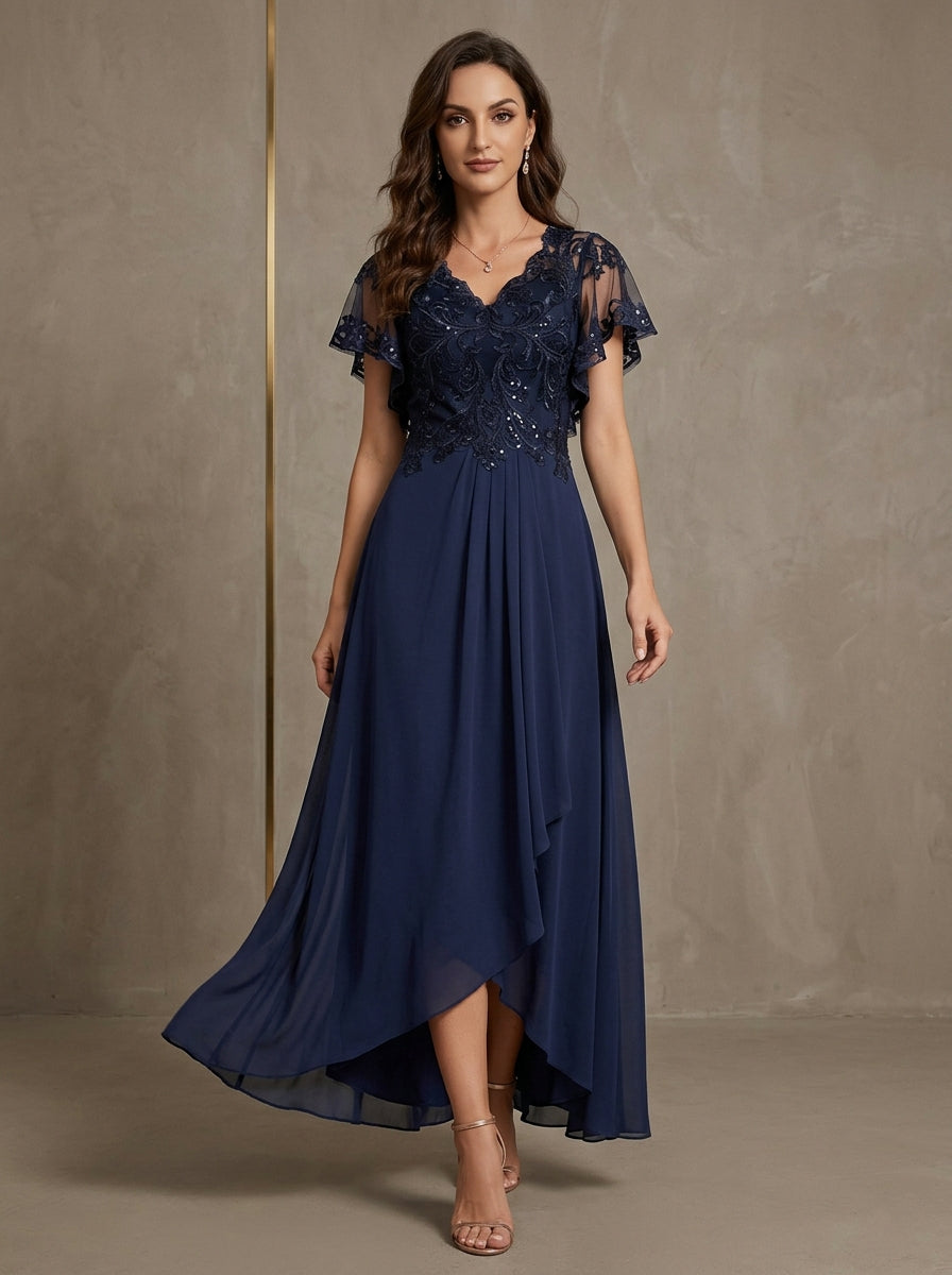a-line v-neck asymmetrical chiffon mother of the bride dress Stacees A-line V Neck Flutter Sleeve Chiffon Asymmetrical Mother of the Bride or Groom Dress with Lace Pleated Cascading Ruffles