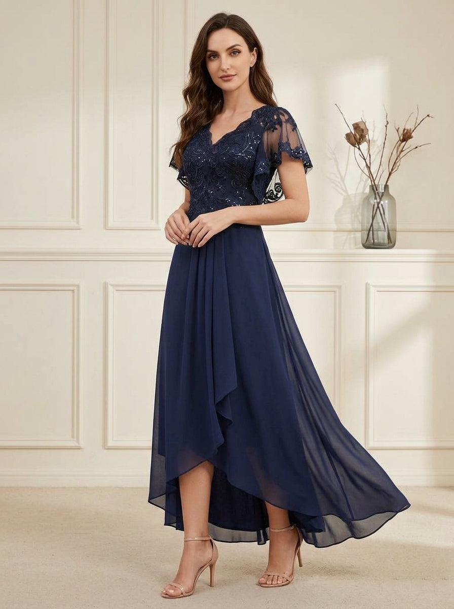 a-line v-neck asymmetrical chiffon mother of the bride dress Stacees A-line V Neck Flutter Sleeve Chiffon Asymmetrical Mother of the Bride or Groom Dress with Lace Pleated Cascading Ruffles