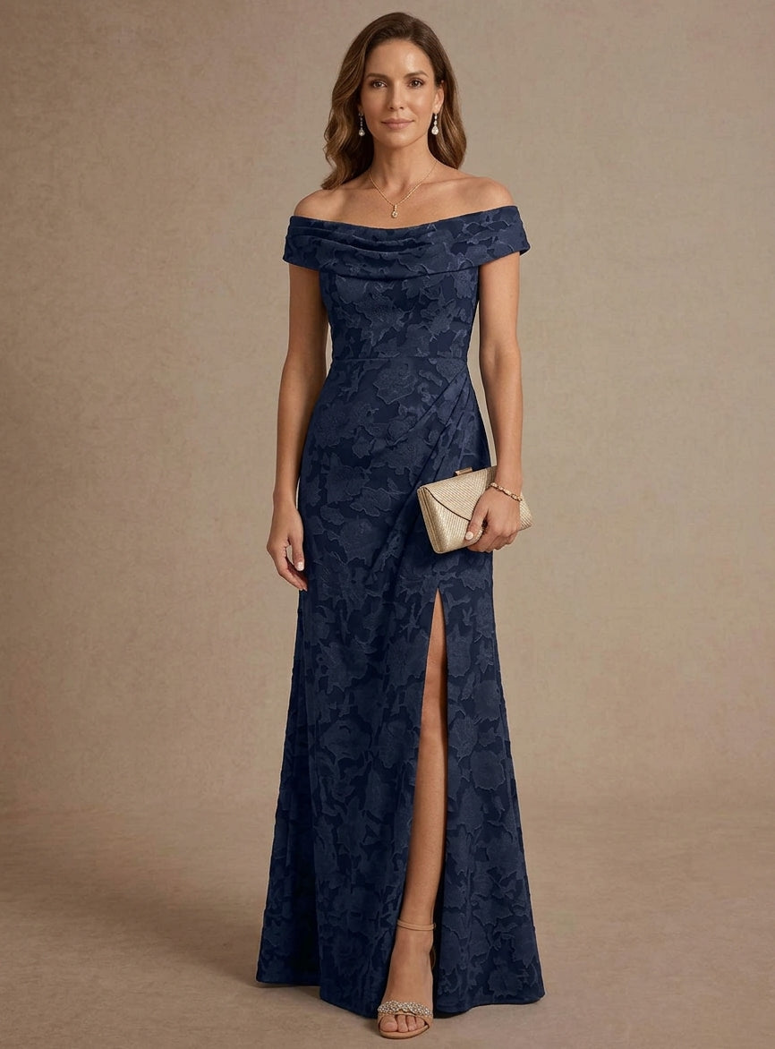 Sheath/Column Off-the-Shoulder Floral Burnout Mother of the Bride Dresses with Split Side Floor-Length Sleeveless, Navy Blue