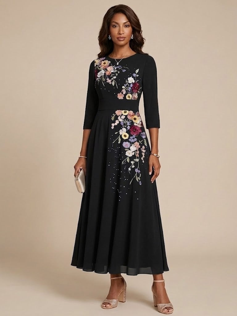 A-Line/Princess Scoop Chiffon Mother of the Bride Dresses 3/4 Sleeves Lace Tea-Length Floral