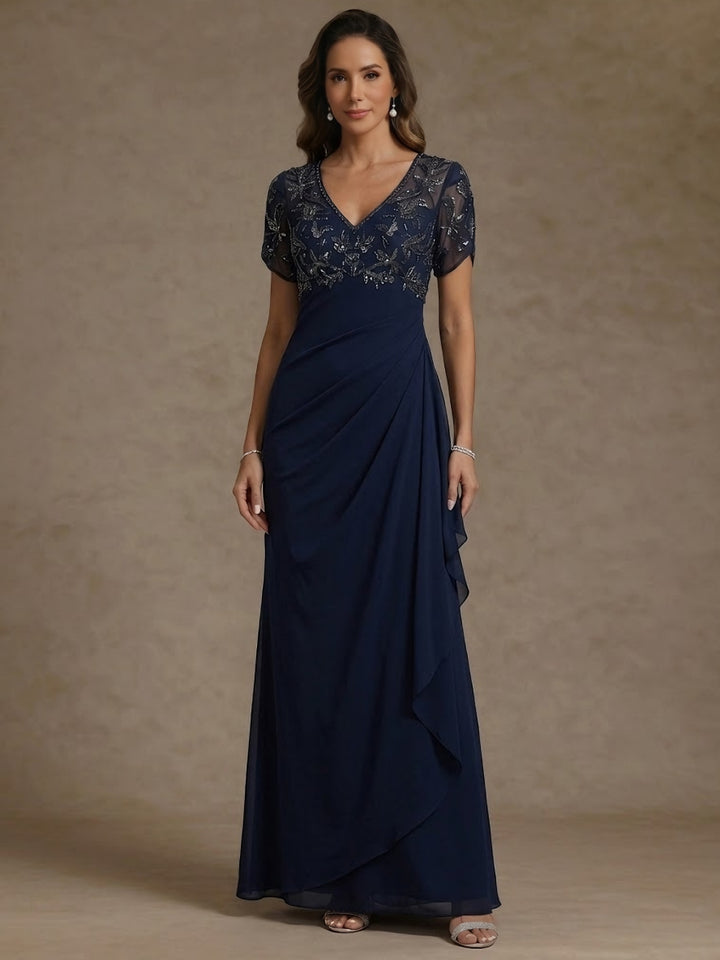 Sheath/Column V Neck Mother of the Bride Dresses Short Sleeves Chiffon Ankle Length Sequins Ruffles