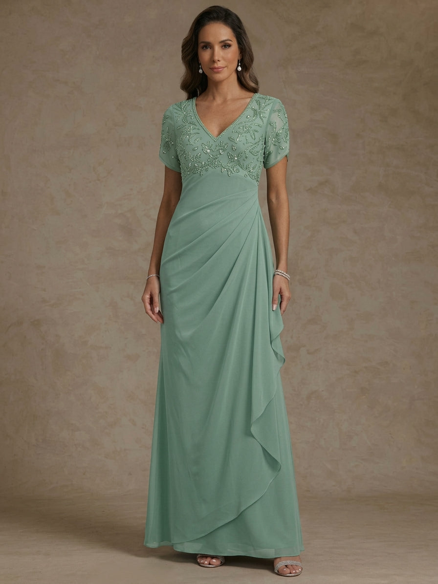 Sheath/Column V Neck Mother of the Bride Dresses Short Sleeves Chiffon Floral Ankle Length Sequins Ruffles