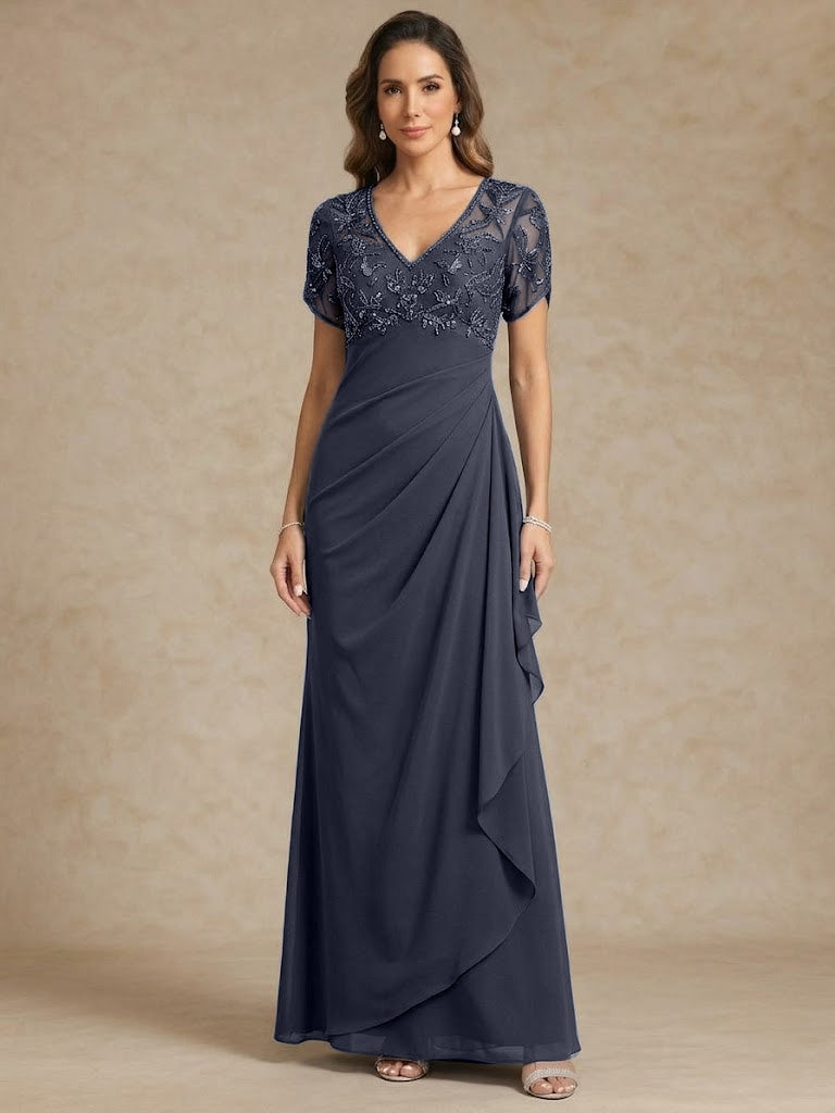 Sheath/Column V Neck Mother of the Bride Dresses Short Sleeves Chiffon Floral Ankle Length Sequins Ruffles
