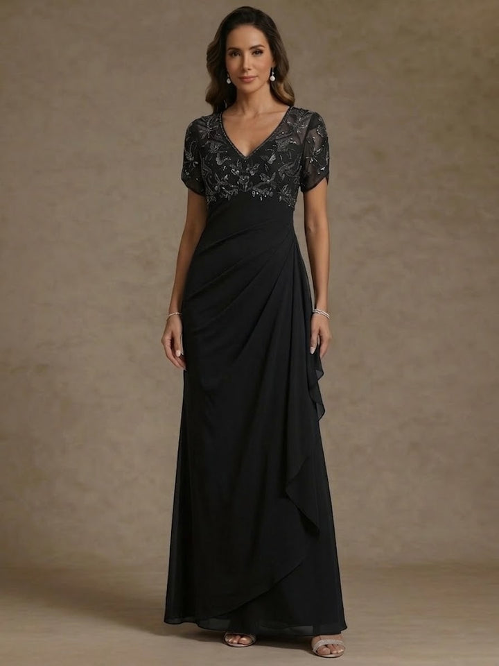 Sheath/Column V Neck Mother of the Bride Dresses Short Sleeves Chiffon Ankle Length Sequins Ruffles