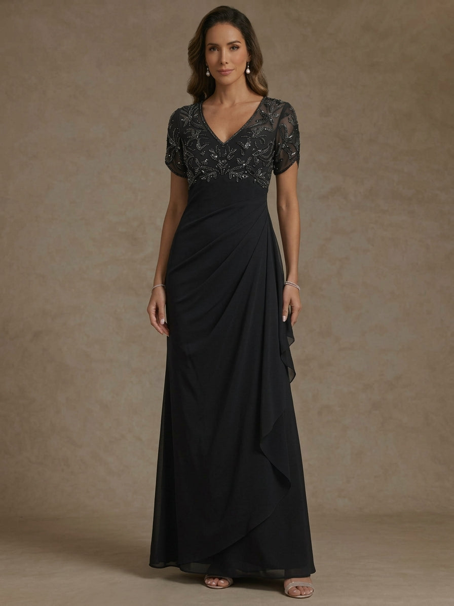 Sheath/Column V Neck Mother of the Bride Dresses Short Sleeves Chiffon - Mondressy Sheath/Column V Neck Mother of the Bride Dresses Short Sleeves Chiffon - Mondressy