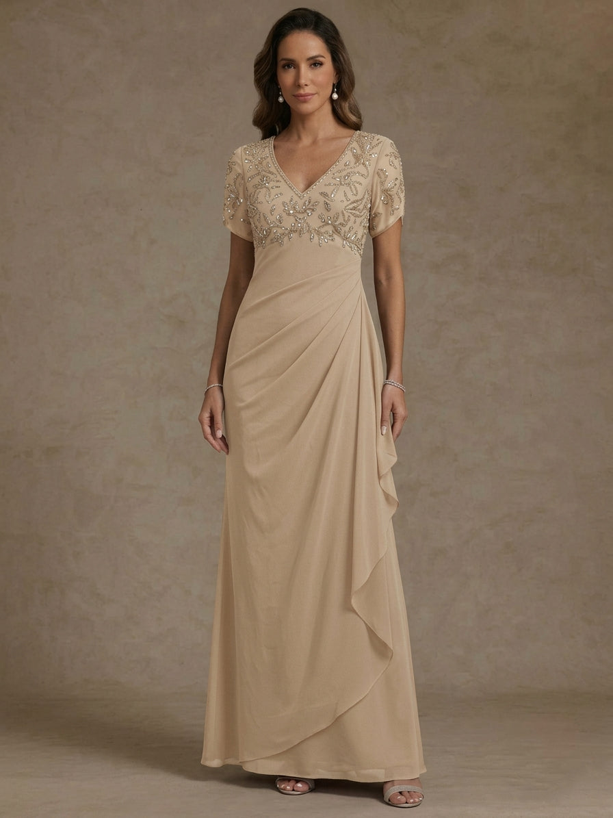 Sheath/Column V Neck Mother of the Bride Dresses Short Sleeves Chiffon Floral Ankle Length Sequins Ruffles