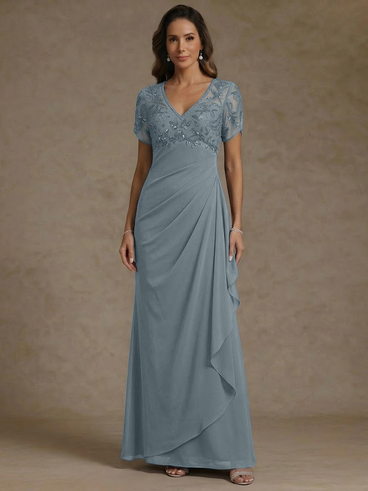 Sheath/Column V Neck Mother of the Bride Dresses Short Sleeves Chiffon Floral Ankle Length Sequins Ruffles