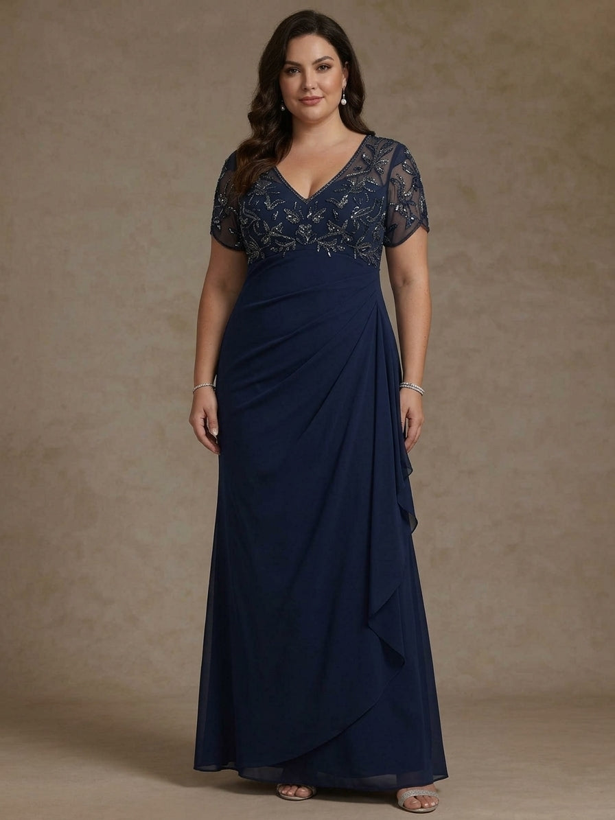 Sheath/Column V Neck Plus Size Mother of the Bride Dresses Short Sleeves Chiffon Floral Ankle Length Sequins Ruffles