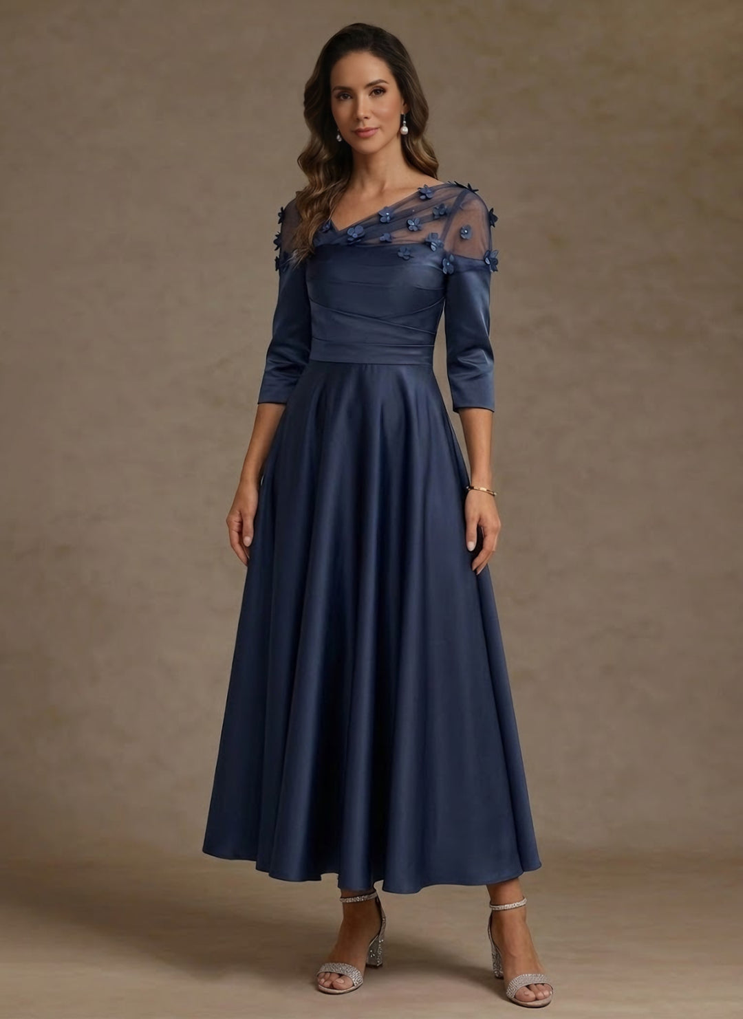 A-Line/Princess V-Neck Acetate Satin Mother of the Bride Dresses 3/4 Sleeves Floral Tea-Length 3D Flower