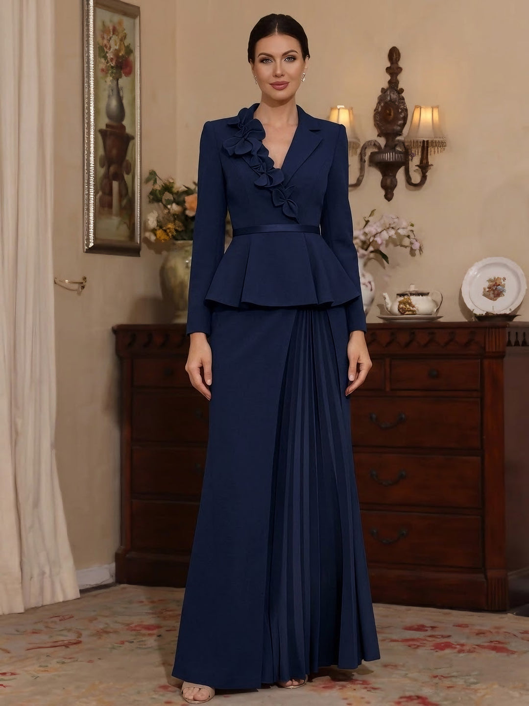 Sheath/Column V-Neck Stretch Satin Mother Of The Bride Dresses With 3D Flower Long Sleeves Floor-Length Pleated