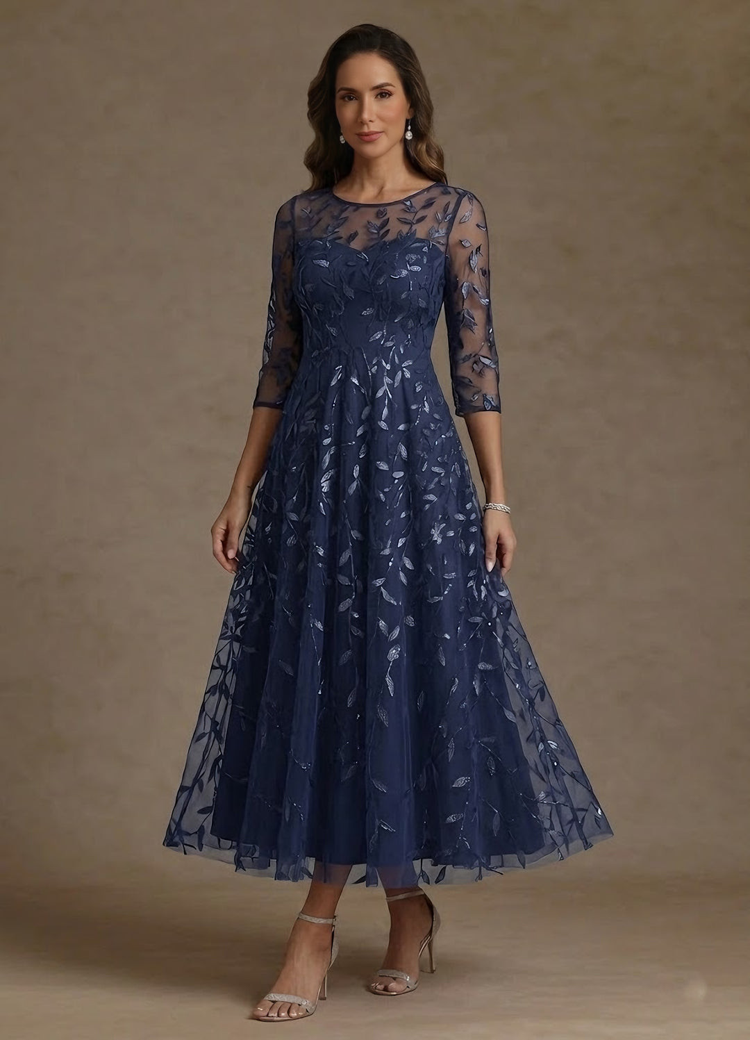 A-Line/Princess Scoop Lace Sequins Mother of the Bride Dresses 3/4 Sleeves Floral Tea-Length