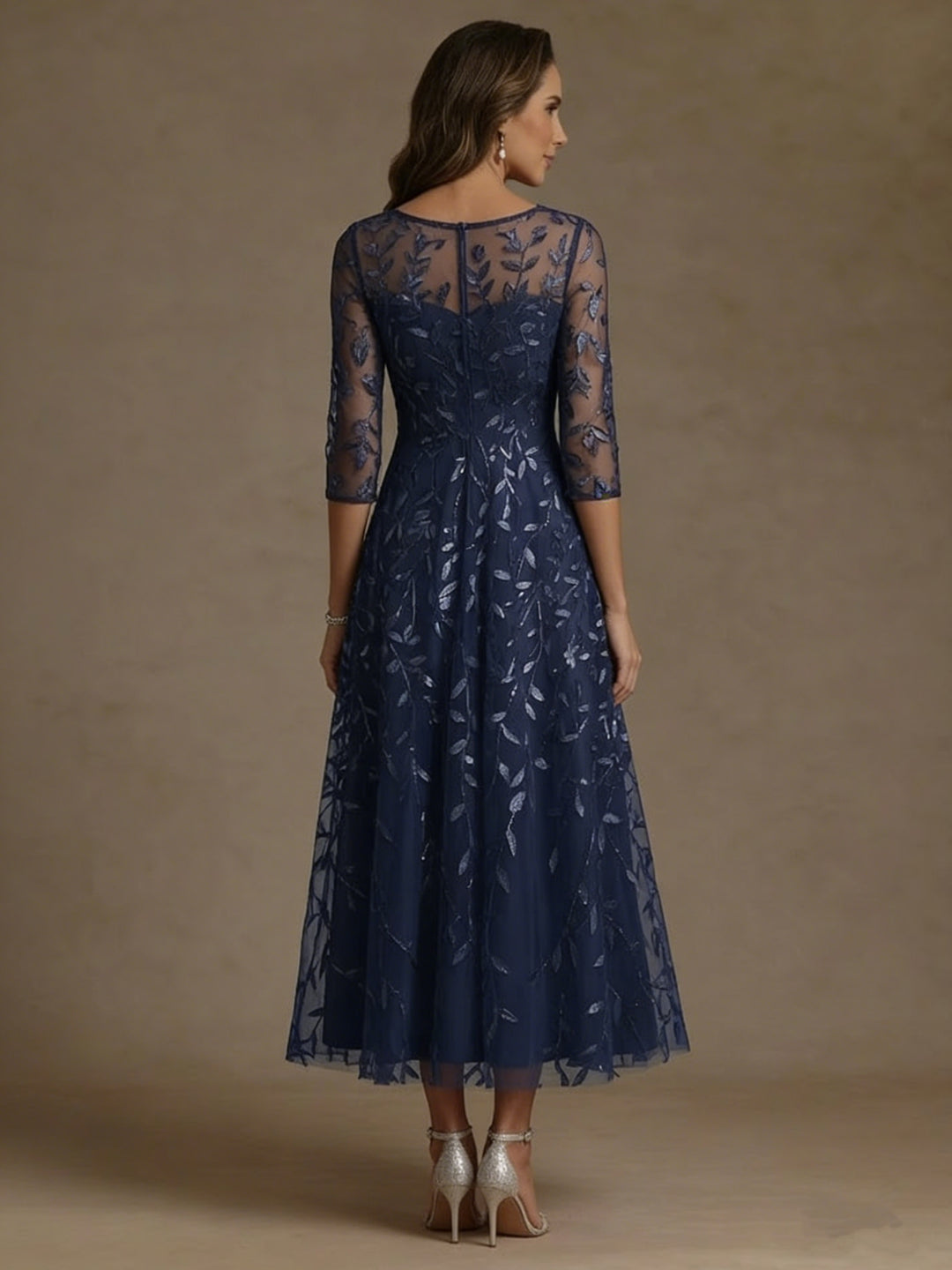 A-Line/Princess Scoop Lace Sequins Mother of the Bride Dresses 3/4 Sleeves Floral Tea-Length