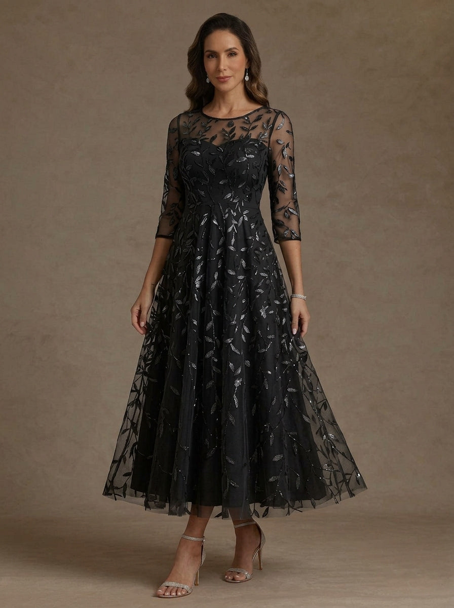 A-Line/Princess Scoop Lace Sequins Mother of the Bride Dresses 3/4 Sleeves Floral Tea-Length