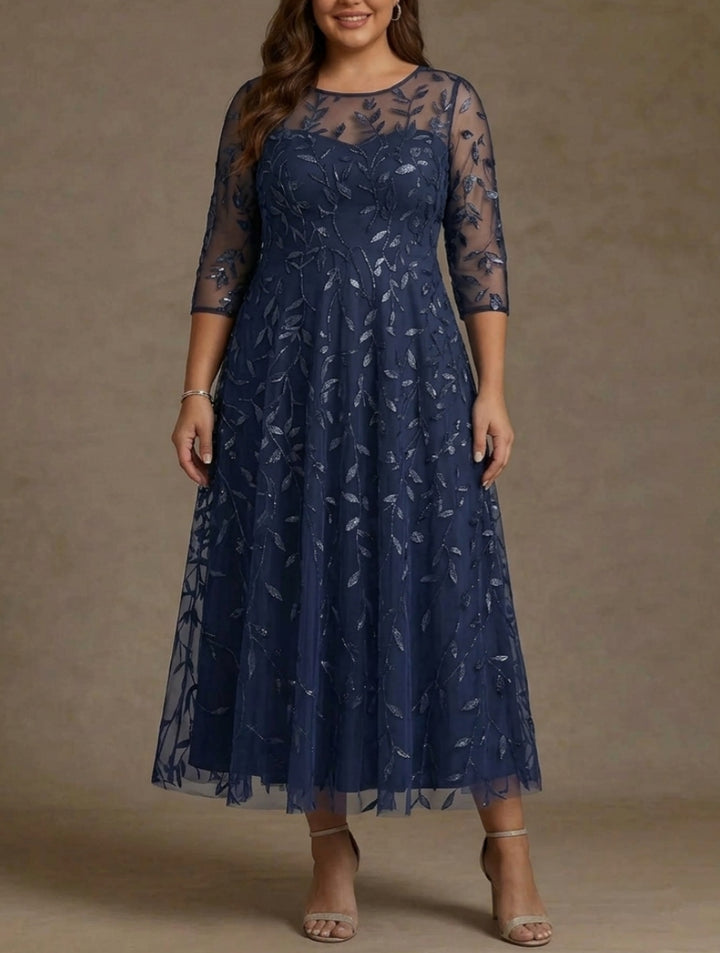 A-Line/Princess Scoop Lace Sequins Plus Size Mother of the Bride Dresses 3/4 Sleeves Floral Tea-Length