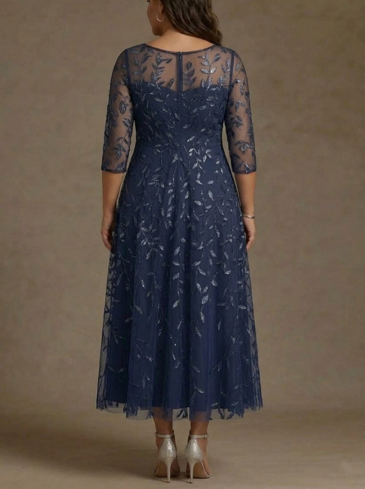 A-Line/Princess Scoop Lace Sequins Plus Size Mother of the Bride Dresses 3/4 Sleeves Floral Tea-Length