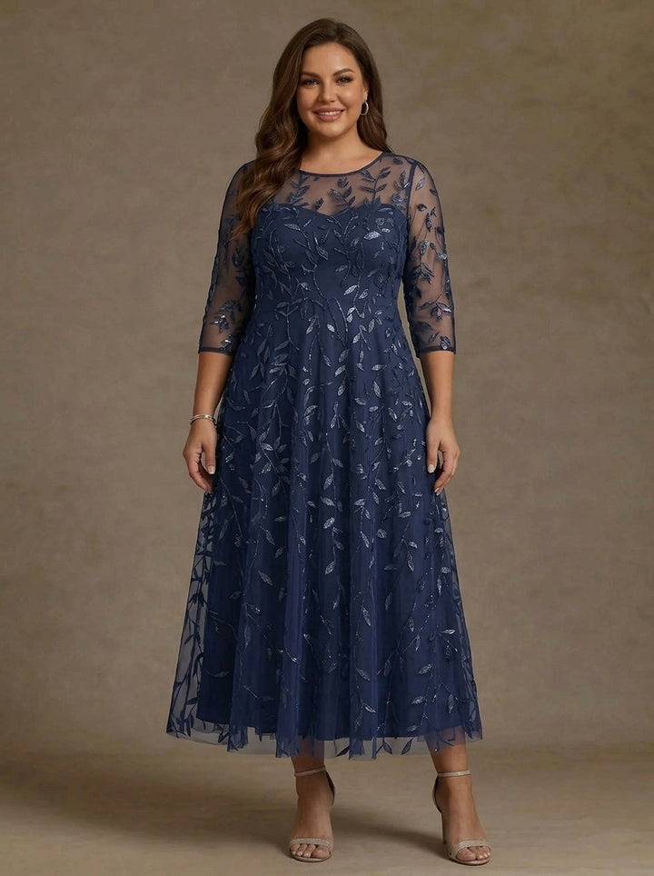 A-Line/Princess Scoop Lace Sequins Plus Size Mother of the Bride Dresses 3/4 Sleeves Floral Tea-Length