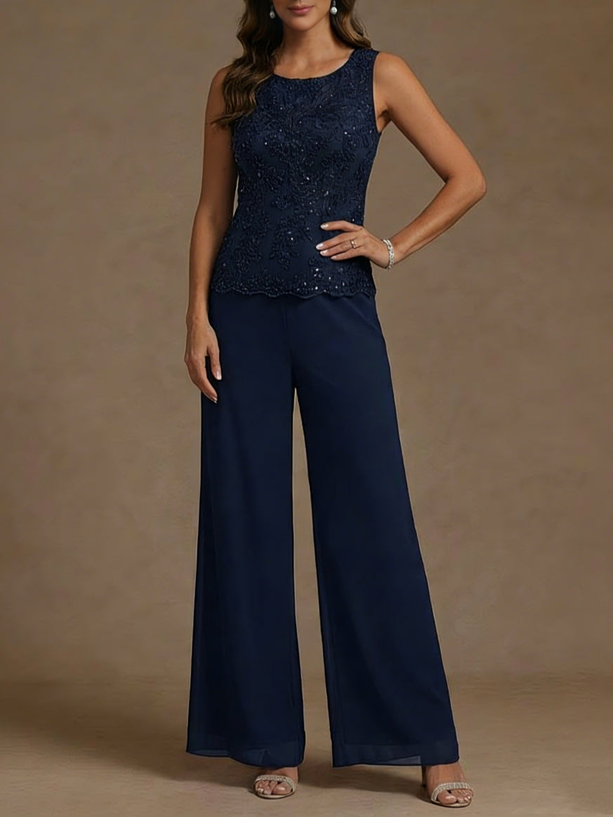 3 Pieces Suit Chiffon Mother of the Bride Pantsuits with Jacket Scoop 3/4 Sleeves Ankle Length Lace Sequins