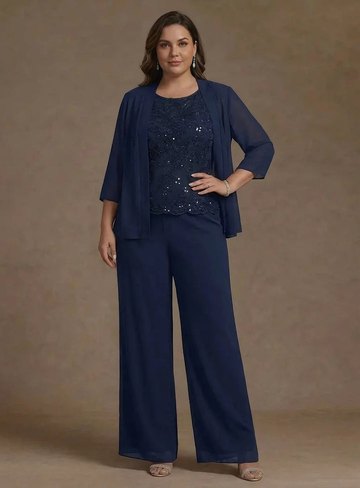 3 Pieces Suit Chiffon Plus Size Mother of the Bride Pantsuits with Jacket Scoop 3/4 Sleeves Ankle Length Lace Sequins