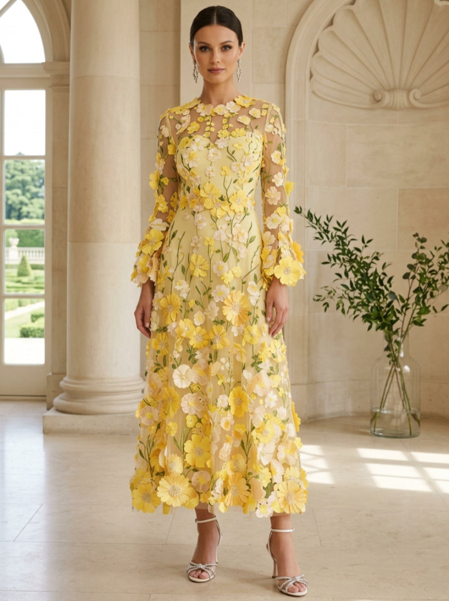 A-Line/Princess Scoop Lace Appliques Mother of the Bride Dresses Floral Long Sleeves Tea-Length