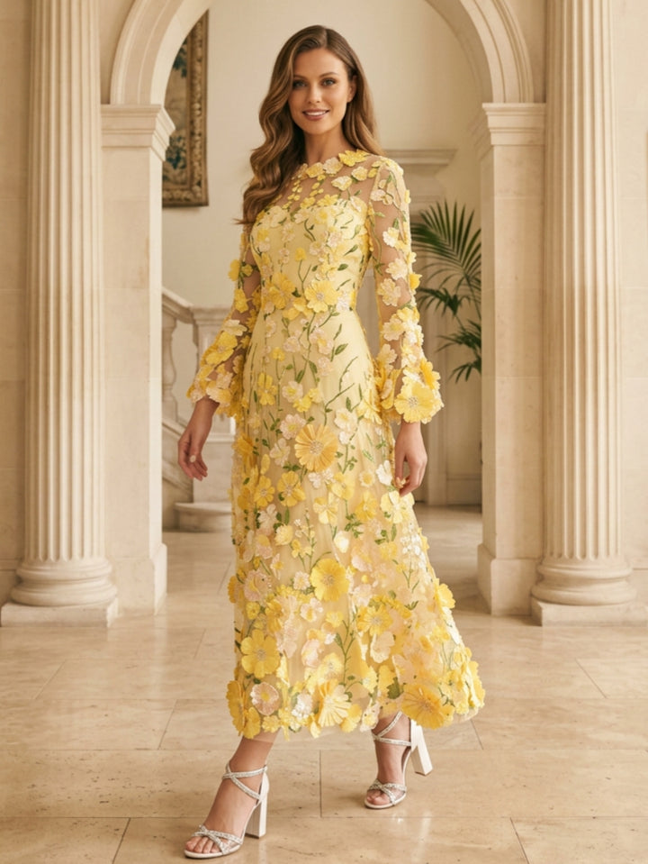 A-Line/Princess Scoop Lace Appliques Mother of the Bride Dresses Floral Long Sleeves Tea-Length