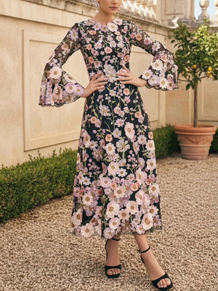 A-Line/Princess Scoop Lace Appliques Mother of the Bride Dresses Floral Long Sleeves Tea-Length