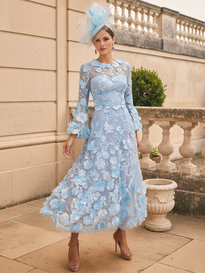 A-Line/Princess Scoop Lace Appliques Mother of the Bride Dresses Floral Long Sleeves Tea-Length