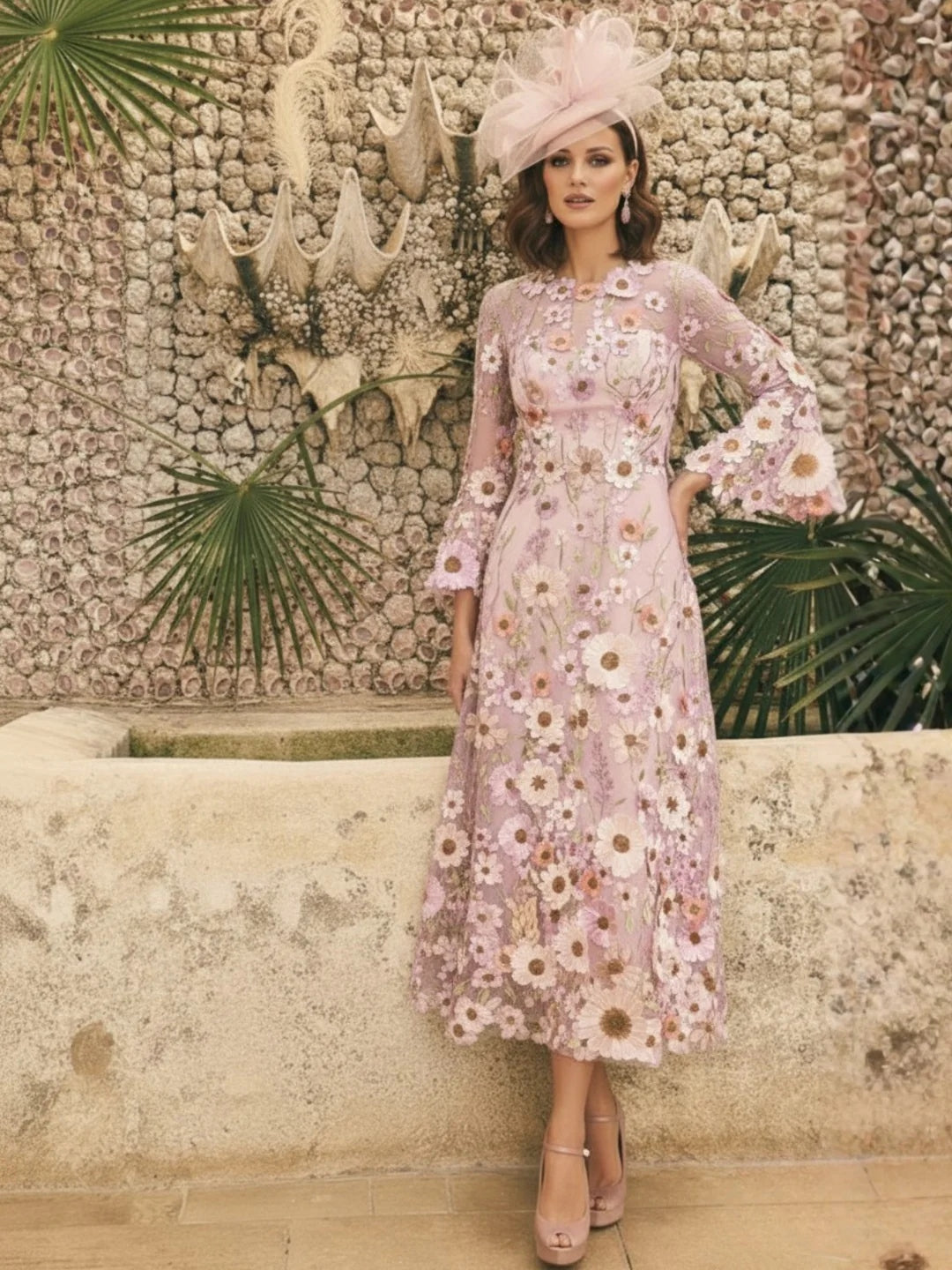 A-Line/Princess Scoop Lace Appliques Mother of the Bride Dresses Floral Long Sleeves Tea-Length