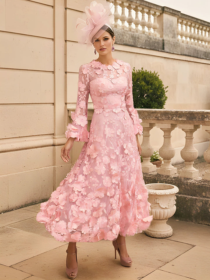 A-Line/Princess Scoop Lace Appliques Mother of the Bride Dresses Floral Long Sleeves Tea-Length