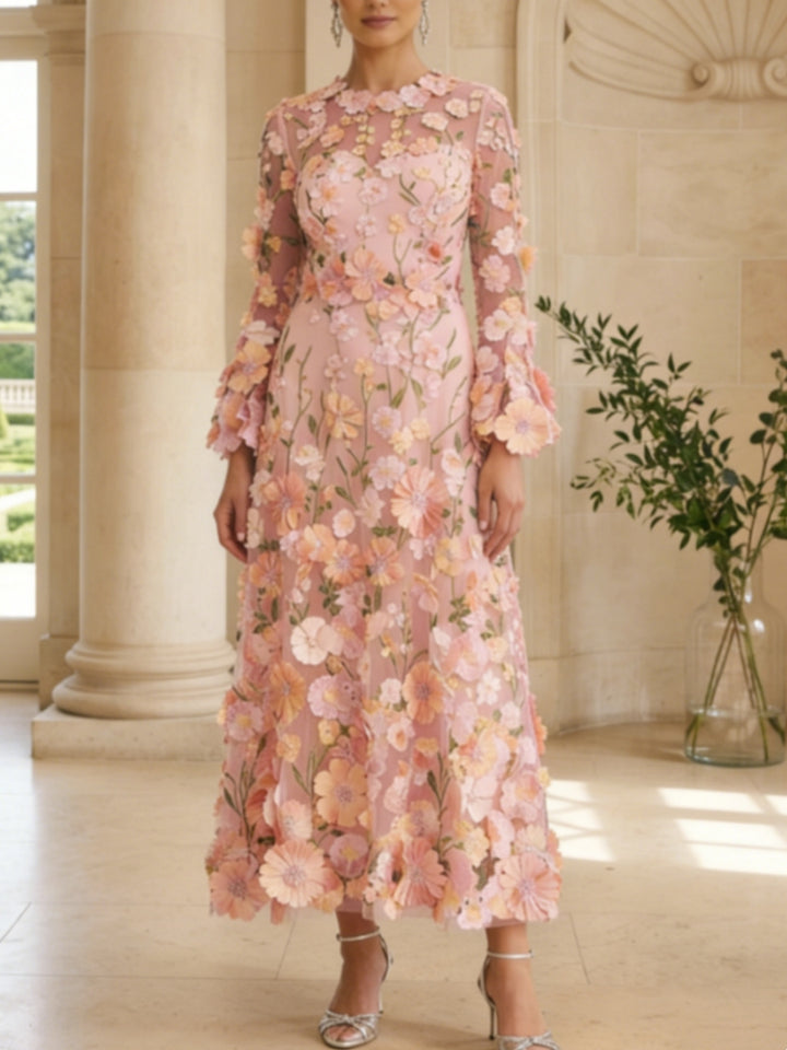 A-Line/Princess Scoop Lace Appliques Mother of the Bride Dresses Floral Long Sleeves Tea-Length