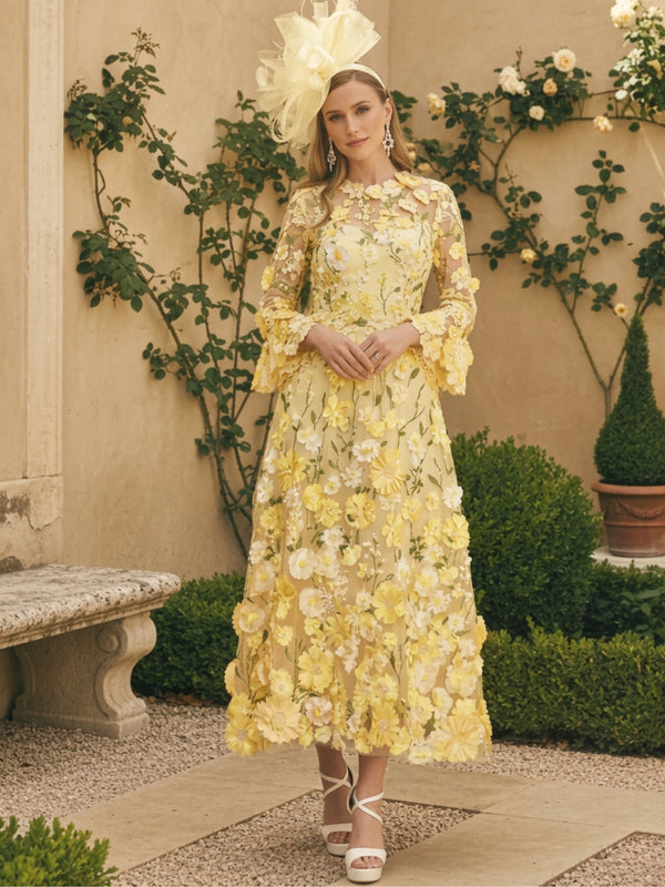 A-Line/Princess Scoop Lace Appliques Mother of the Bride Dresses Floral Long Sleeves Tea-Length