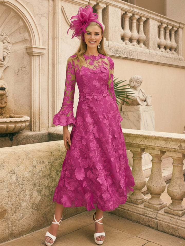 A-Line/Princess Scoop Lace Appliques Mother of the Bride Dresses Floral Long Sleeves Tea-Length