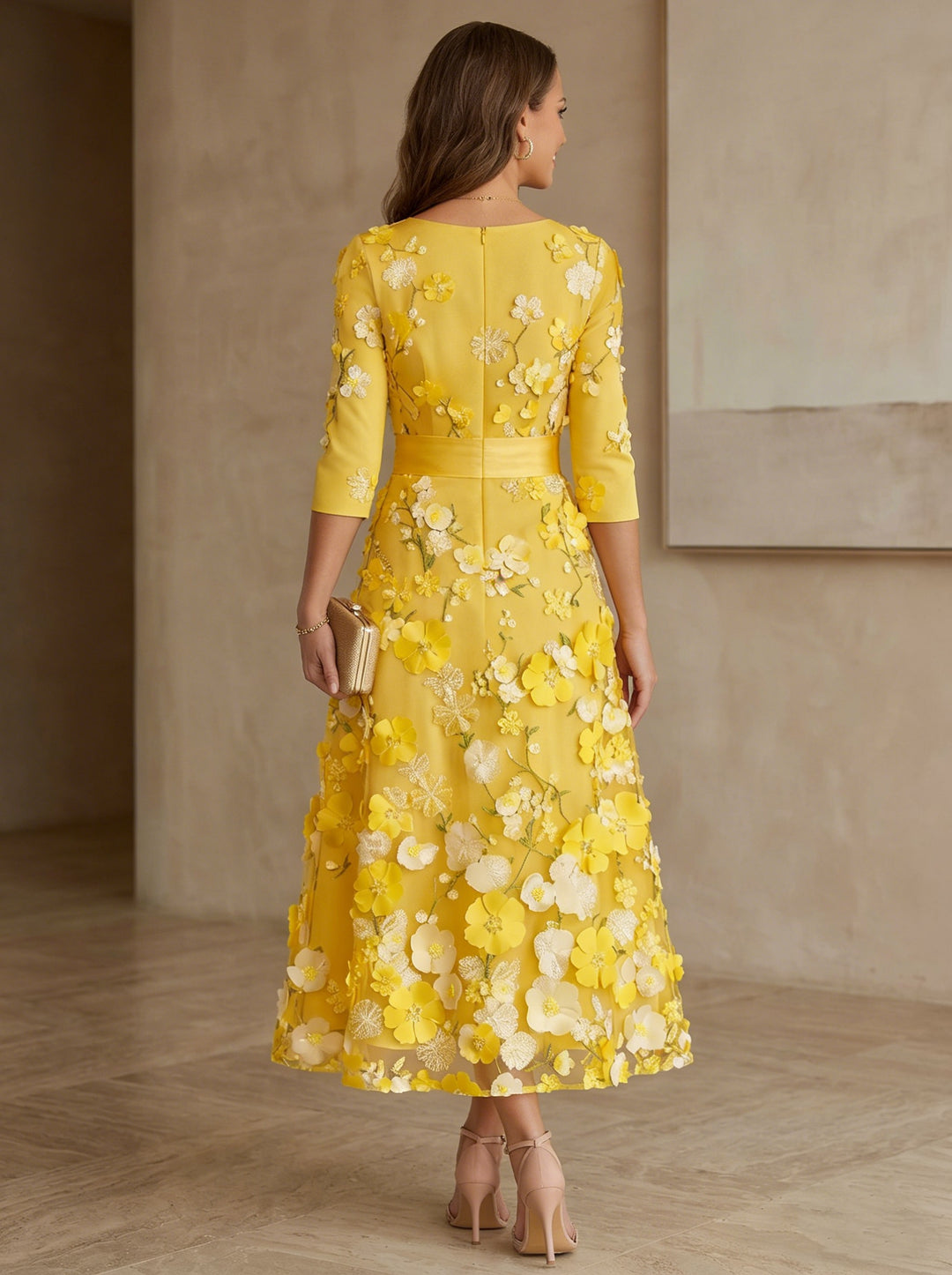 A-Line/Princess Scoop Satin  Mother of the Bride Dresses with Bowknot Lace Floral 3/4 Sleeves Tea-Length