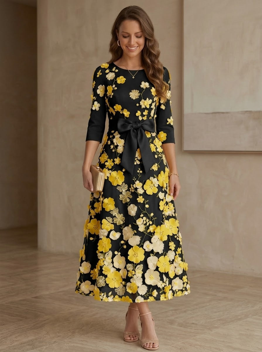 A-Line/Princess Scoop Satin  Mother of the Bride Dresses with Bowknot Lace Floral 3/4 Sleeves Tea-Length