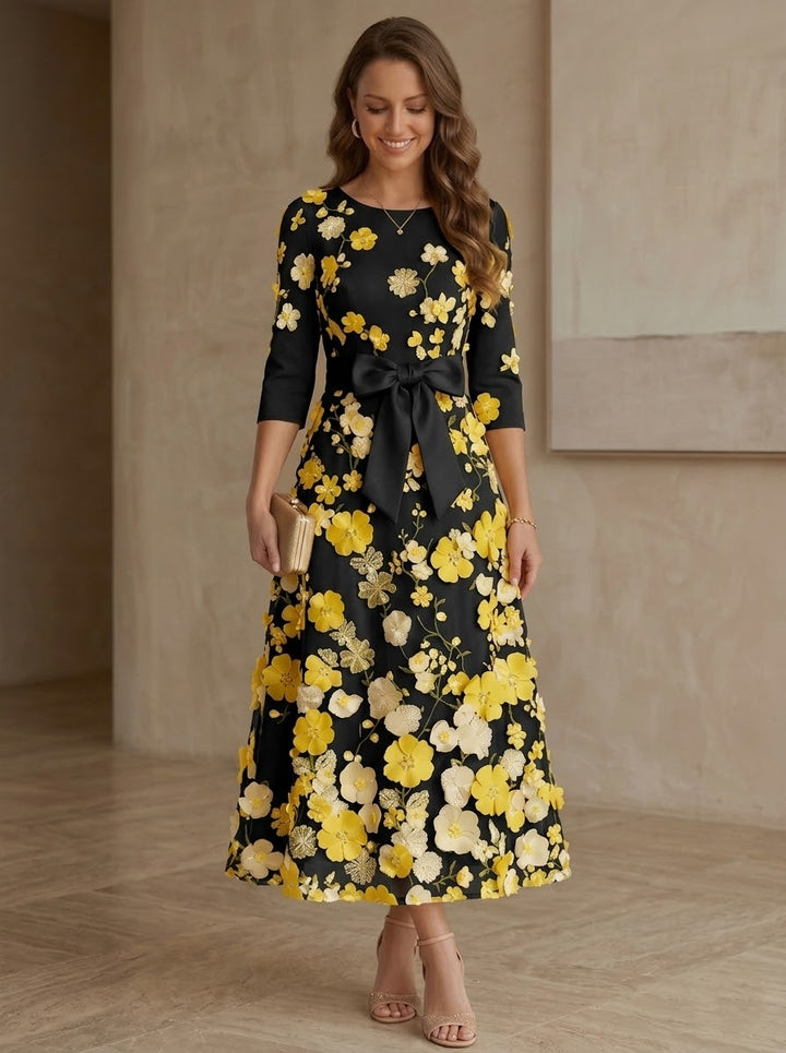 A-Line/Princess Scoop Satin  Mother of the Bride Dresses with Bowknot Lace Floral 3/4 Sleeves Tea-Length