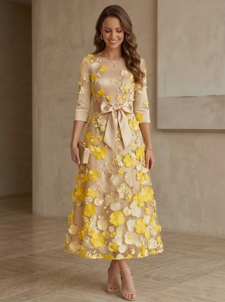 A-Line/Princess Scoop Satin  Mother of the Bride Dresses with Bowknot Lace Floral 3/4 Sleeves Tea-Length