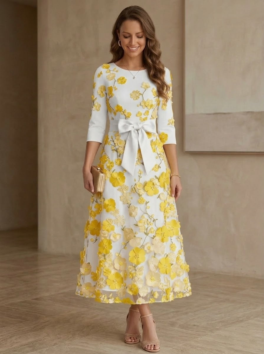 A-Line/Princess Scoop Satin  Mother of the Bride Dresses with Bowknot Lace Floral 3/4 Sleeves Tea-Length